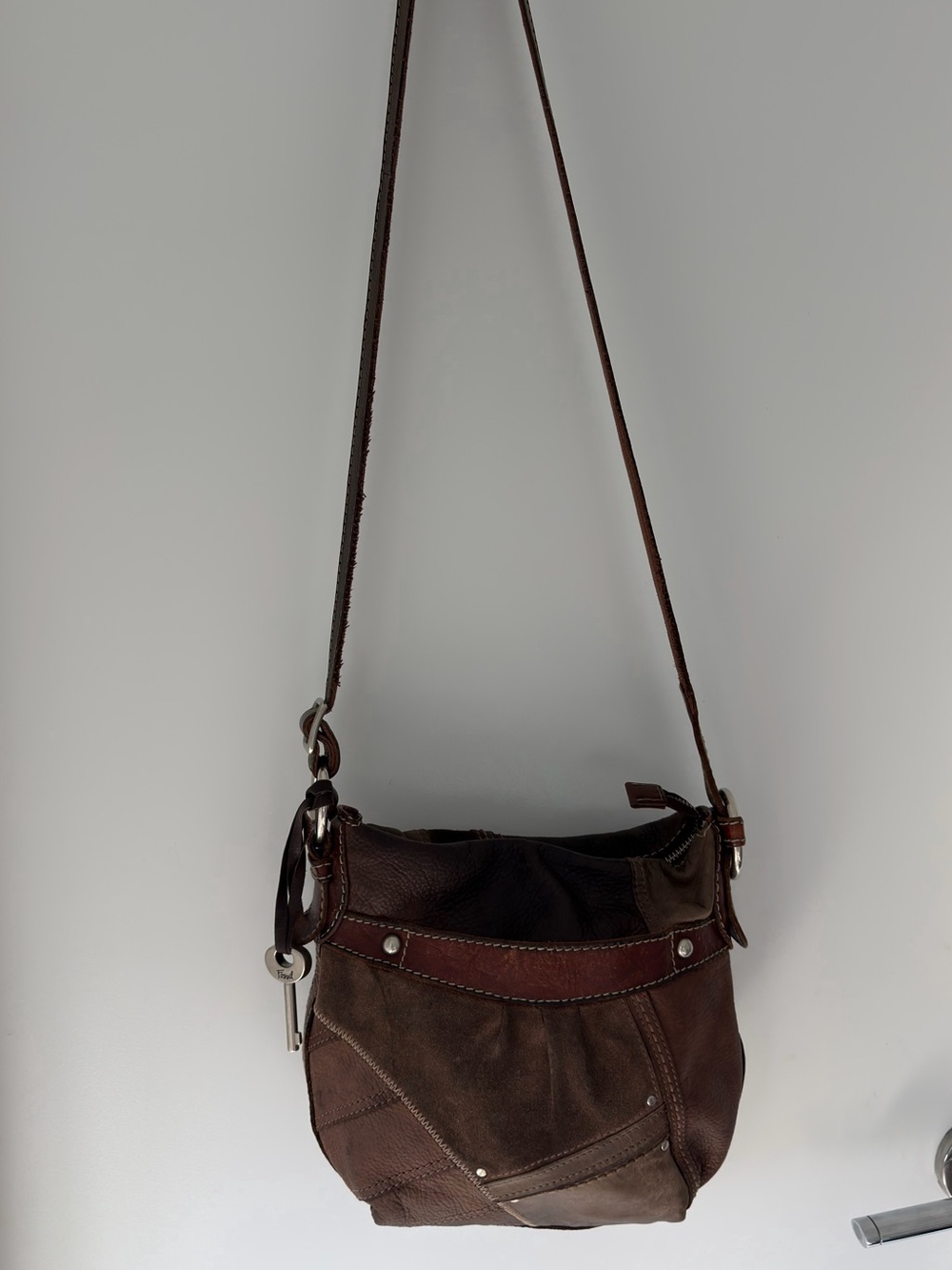 Fossil Patchwork Brown Leather & Suede Messenger Bag - Picture 3 of 10